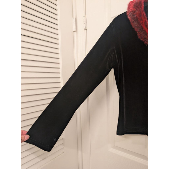 Y2K Whimsigoth Black Velvet Cardigan Jacket | Red Fur Collar Gothic Coquette L - Picture 2 of 8